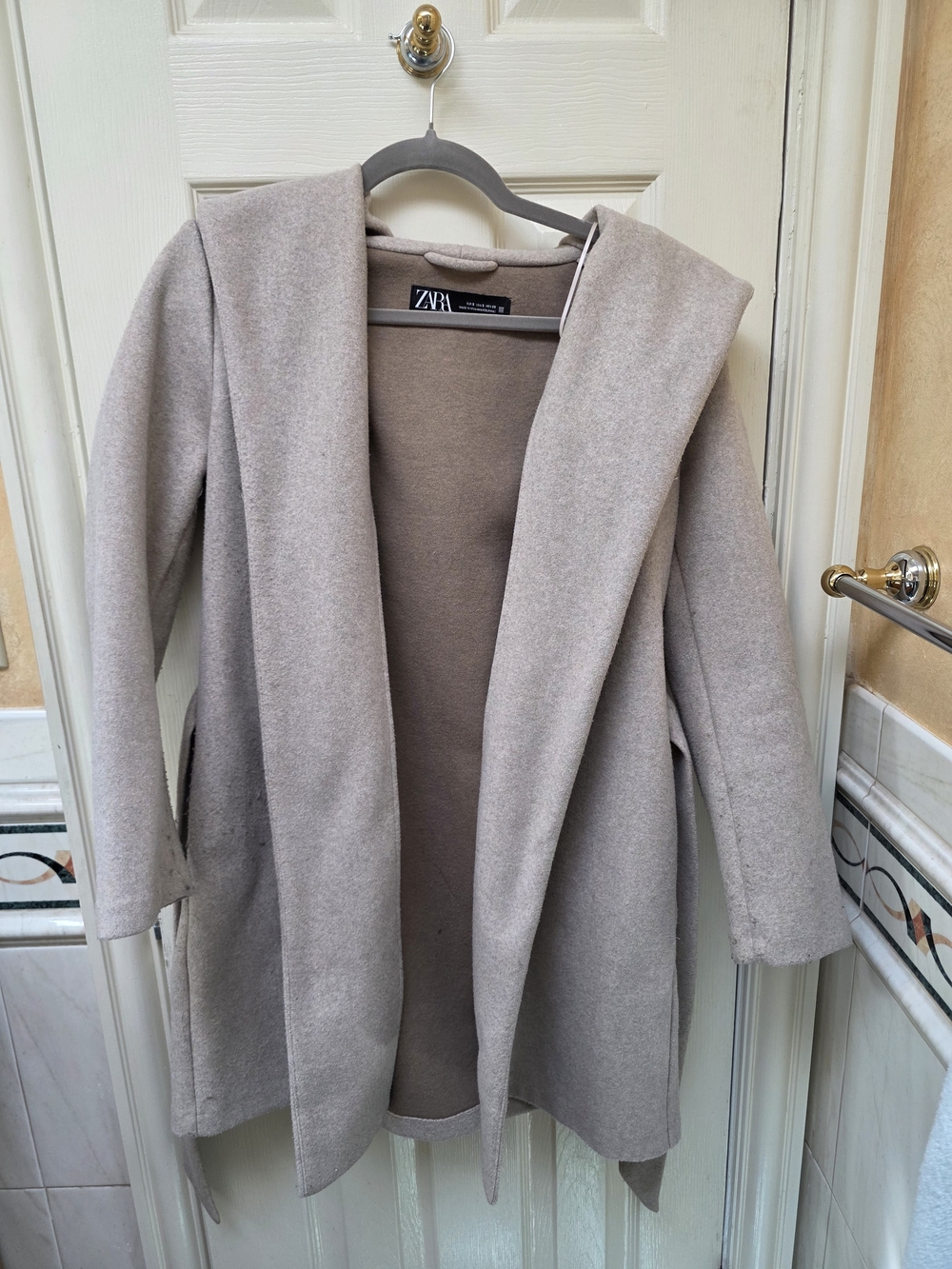 Zara Hooded Open Tie-Front Coat in Light Taupe